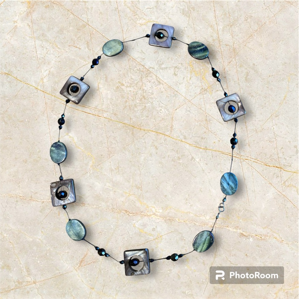 Iridescent Shell & Black Beaded Geometric Necklace – Boho Statement Jewelry